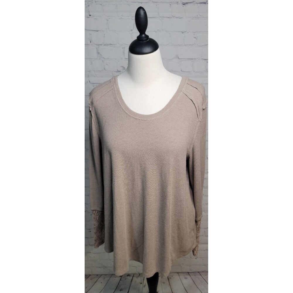 Knox Rose Taupe Knit Long Sleeve Top Sz 1X Boho Crocheted Lace Lower Cuff Scoop